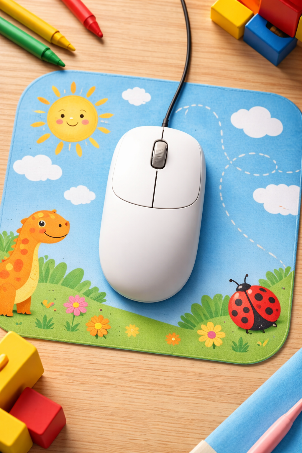 Souris blanche posée sur un tapis de souris illustré pour enfant avec soleil, nuages, dinosaure et coccinelle