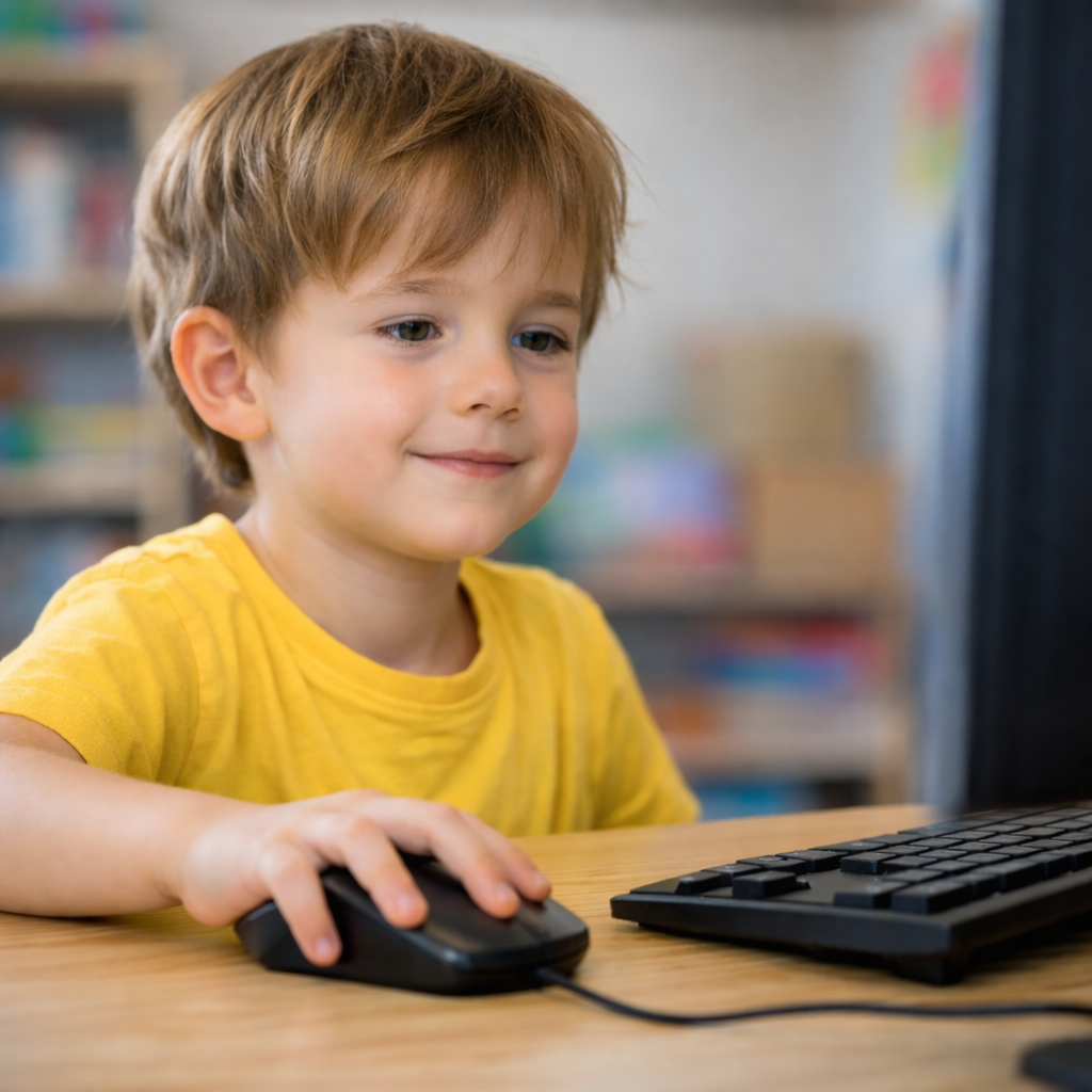 Jeune enfant en t-shirt jaune qui apprend a utiliser une souris et un clavier sur ordinateur