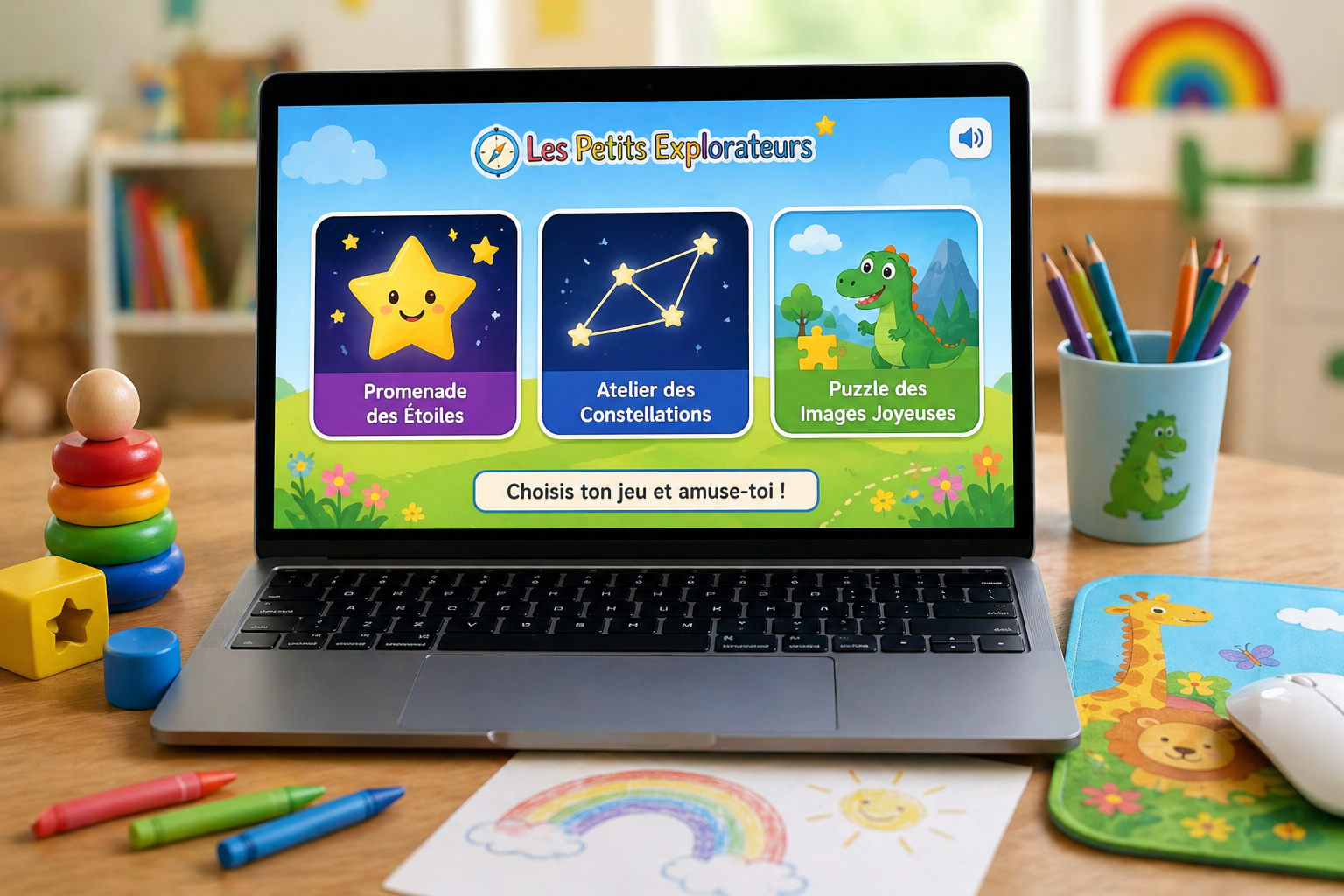 Ordinateur portable affichant des jeux éducatifs pour enfants avec crayons, blocs et tapis de souris coloré sur une table